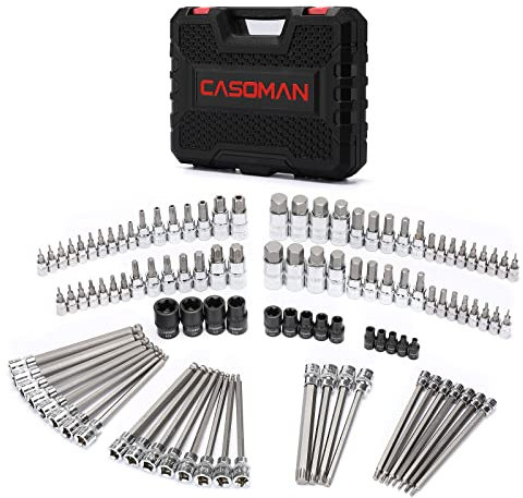 CASOMAN 107 Pieces Bit Socket Set, 1/4'', 3/8'' and 1/2'' Drive, Torx/Extra Long Torx/Tamper Proof Torx/Hex/Ball End Hex, SAE/Metric, S2 Steel Bits