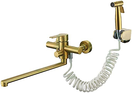 Robinet Mural Cuisine avec Douchette Embout Robinet Lavabo Doré Robinetterie Cuisine avec Pistolet de Pulvérisation Double Poignée Mitigeur D'Evier Mural