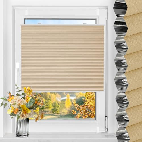 TFSKY Wabenplissee Plissee ohne Bohren Verdunkelung Klemmfix Zweifarbigz Weiß-Beige B65 x H120 cm Plissees Thermo Doppelplissee Verdunkelnd Verdunklungsplissee Sonnen- & Schallschutz für Fenster