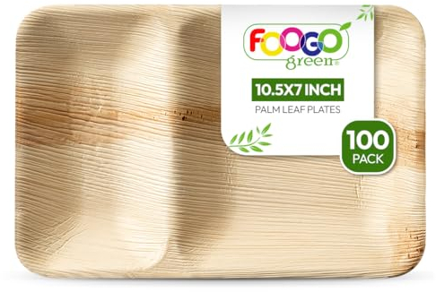 FOOGO Green 100 Disposable Palm Leaf Partition Trays, Medium 10.5x7 inch (26x18cm), for Starters, Desserts, Fish and Chips Plates, Eco Friendly Biodegradable Sturdy Hot Food Trays