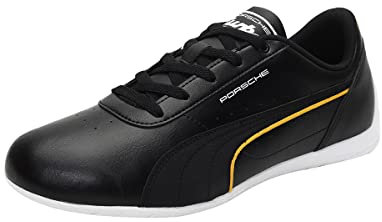 PUMA Porsche Legacy Neo Cat Herren-Sportsneaker Design inspiriert von Motorsportschuhen aus Kunstleder mit abgerundetem Absatz und Gummisohle für einfacheres Fahren Schwarz und Zitrone 44.5