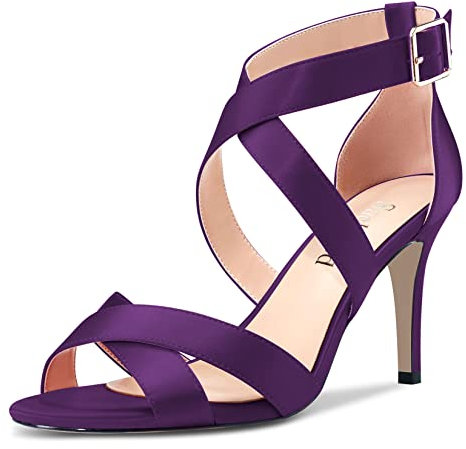 Saekcted Mujer Aguja Alto High Heel Correa Cruzada Sandalias Abierta Punta Correa Tobillo de Boda Fiesta Clear 8 CM Heels Morado Satín 36 EU