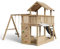 Spielturm Mia 361 - natürlich Lärche - außergewöhnlich - Spielturm mit Holzdach, Kletterwand, Spielkiste, Sandkasten, Kaufladen mit Dach, Doppelschaukel und Rutsche grau