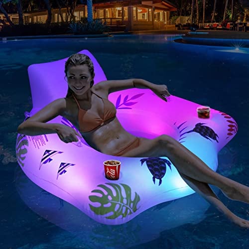 LanBlu Aufblasbarer Pool Luftmatratze Schwimmsessel mit Farbe Wechselnden Licht, Solarbetriebene Luftmatratze Wasser Pool Erwachsene Sofa mit 2 Becherhalter, Luftmatratze Pool für Erwachsene Kinder