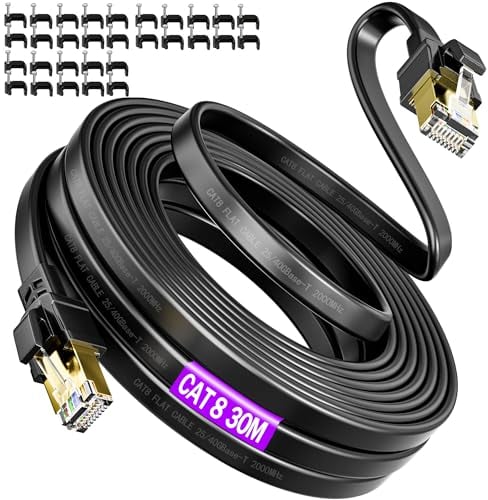 Soibke Cable Ethernet 30m Cat 8, Cable RJ45 Blindé Plat, Haut Debit Gigabit 40Gbps 2000MHz, Long Câble Réseau LAN Gigabit, Cable Internet 30 Mètres Extérieur pour Routeur Modem