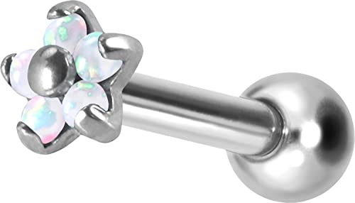 PIERCINGLINE Titan Ohrpiercing mit Innengewinde | BLUME 5 SYNTHETISCHE OPALE | Piercing Ohr Helix Tragus Lobe | Stablänge 8 mm Weiß