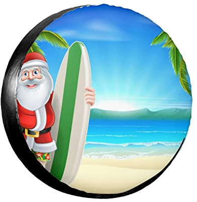 Weihnachtsmann mit dem Strand und Surfbrett-Druck, Auto-Ersatzreifen-Abdeckung, wasserdicht, universal, staubdicht, Autoreifen-Schutz, für Autos, LKW, SUV, Wohnmobil, 40,6 cm