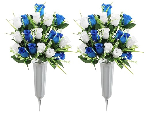 U'Artlines Künstliche Friedhofsblumen für Grabschmuck, Seide, Gedenkrosen, Grabblumen für Grabvasen, Friedhof, Blumenarrangements (blau und weiß), 2 Stück