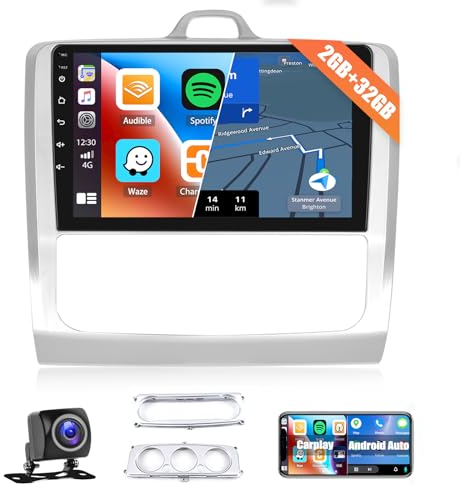 2G+32G CAMECHO Android 13 Radio de Coche GPS para Ford Focus Mk2/Mk3 Exi MT 2 3 2004-2011,Radio 2DIN con Pantalla de 9 Pulgadas con Carplay Android Auto FM/RDS Bluetooth MirrorLink+Cámara Trasera