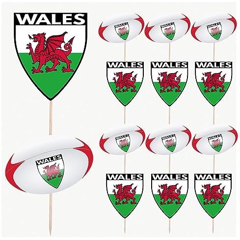 AK Giftshop Wales Flag Rugby Ball Food & Cupcake Picks Toppers Party Decorations Six Nations (14 Pack)