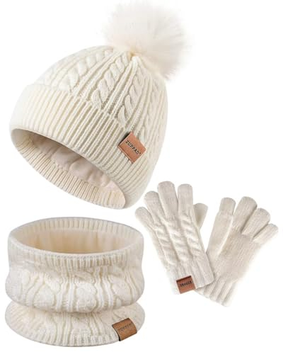 ZUPPAD Mütze und Schal Set, Beanie Winter Mit Bommel Strick Halswärmer Halstuch Schlauchschal Warme Handschuhe Fleece-Gefüttertes Set für Mädchen, Kleinkinder und Kinder (Weiß)