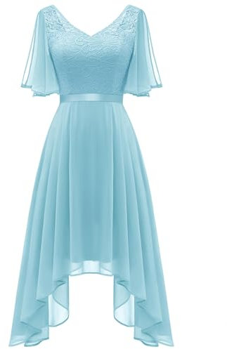 Berylove Robe de soirée courte élégante pour femme - Col en V - Ourlet asymétrique - Robe de cocktail - Manches fendues - Robe en dentelle, bleu clair, S