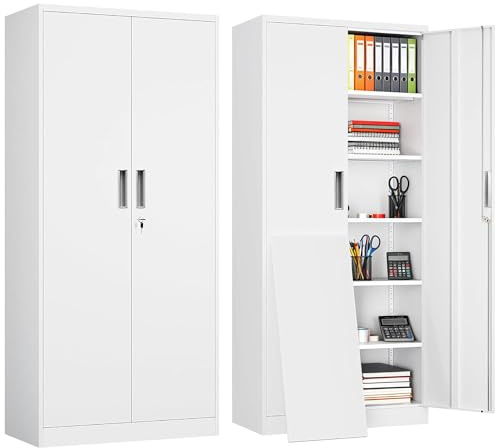 TaskStorz Metal Storage Cabinet, Office Storage Cabinet, White,180*80*40cm | Metal Garage Cabinet with 5 Adjustable Shelves, Locking Storage Cabinets for Garage, Home, Office, Pantry, Assembly Required