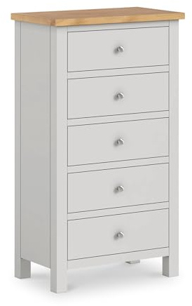 RoselandFurniture Farro XL Grey 5 Drawer Tallboy Chest of Drawers | Fully Assembled, Wooden Tall Storage Unit with Oak Top, Painted Finish, Free Standing, Contemporary Style, H122cm W70cm D40cm