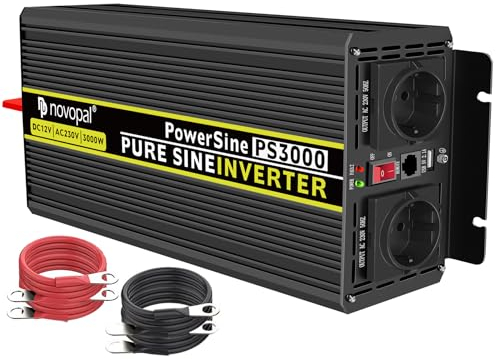 NOVOPAL 3000W Wechselrichter 12v Auf 230v Reiner Sinus Spannungswandler mit 2 EU-Steckdose und Einer 2,1A USB,5M Fernsteuerung und 2 Lüftern