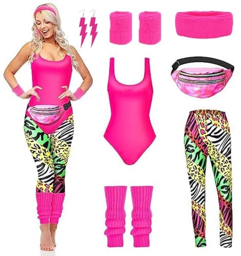 JINGTOPS Kostüm 80er Jahre Damen,90er 80er Jahre Outfit Damen Set,80er Jahre Accessoires Outfit Damen mit Leggings, Beinwärmer, Gürteltasche,80er karneval kostüm Accessoires (Rose Rot, L)