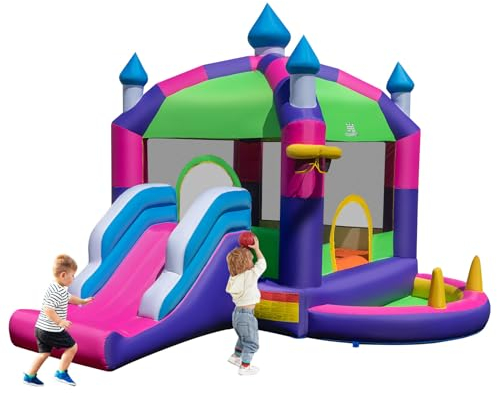 LIFEZEAL Castillo Hinchable, Gran Castillo Hinchable con tobogán, con toldo para niños de 3 a 10 años, Castillo Inflable Infantil para Interior y Exterior