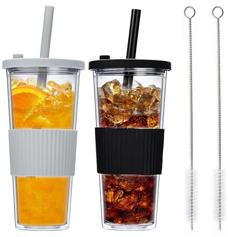MEYAGOT 2pcs Tasses À Eau, Tasses À Café, Gobelet À Smoothie Étanche Et Réutilisable Gobelet Plastique Avec Paille Et Couvercle Pour Smoothies Milkshakes Jus De Fruits Thé(Gris + Noir, 710ml)