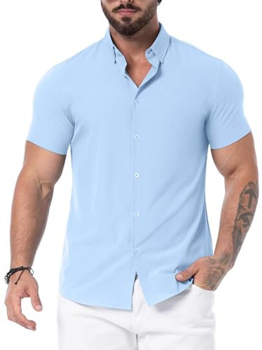 QIXING Men's Muscle Fit Shirts Wrinkle-Free Short Sleeve Casual Shirt Stretch Slim Button Down Shirt(Light Blue, L)