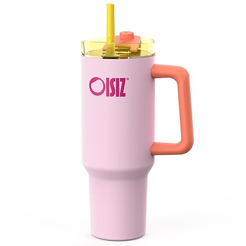 OISIZ Becher mit Griff und Trinkhalm,1200 ml/1.2L Isolierter Edelstah Thermobecher,Wasserflasche EiskaffeeReisebecher,Trinkflasche mit Strohhalm,Deckel zum Schlürfen oder Trinken,BPA-frei