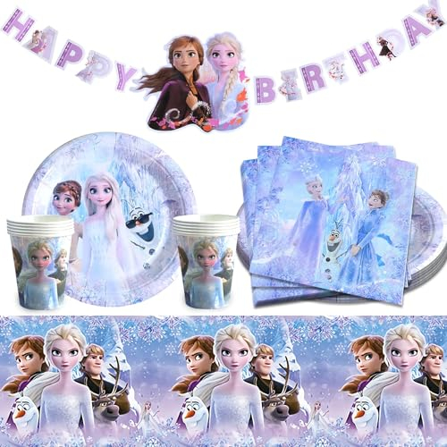 Assiettes de fête princesse 69 pièces, vaisselle de fête d'anniversaire, fête La Reine des Neiges, fournitures de fête d'anniversaire comprenant assiettes, tasses, serviettes, nappes