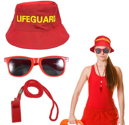 UILYNIU 3 Stück Lifeguard Fasching Kostüm Herren Damen, Rot Lifeguard Fischerhüte Sonnenbrille Sportpfeifen, Bademeister Kostüm für Rettungsschwimmer Erwachsener Halloween Karneval Verkleidung (3PCS)