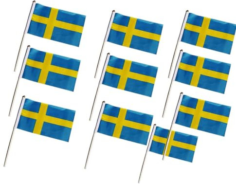 Bandera de la mano de Suecia Pequeña bandera de la mano de la mano sueca Mini National Stick Banner 10pcs 14x21 cm, bandera de onda de mano sueca