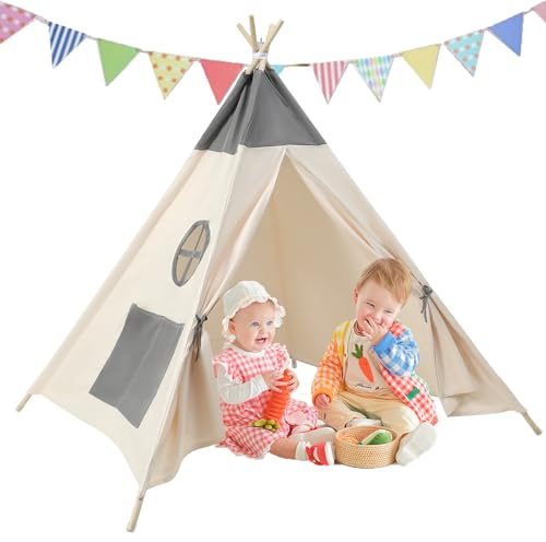 Putentfun Tipi Zelt für Kinder Tippi Kinderzelt Kinderzelt für drinnen,Kindertipi Spielzelt Lesezelt Kuschelecke Kinderzimmer Deko,Tipi Zelt Kinderzimmer mit Tragetasche & Farbige Flaggen(Beige+Grau)