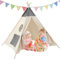 Putentfun Tipi Zelt für Kinder Tippi Kinderzelt Kinderzelt für drinnen,Kindertipi Spielzelt Lesezelt Kuschelecke Kinderzimmer Deko,Tipi Zelt Kinderzimmer mit Tragetasche & Farbige Flaggen(Beige+Grau)
