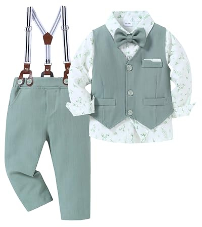 Amissz Baby Anzug Junge Hochzeit 1-5 Jahre Bekleidungssets für Jungen, Taufanzug Junge Langarm Hemd + Hosenträger + Weste + Fliege Festliche Kindermode Taufbekleidung für Baby-Jungen
