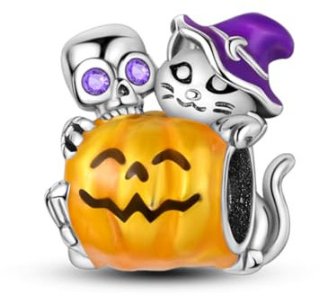 GOUWO Skelett Kürbis Hexenhut Katze 925er Silber Charms Kompatibel mit Pandora Armband Halskette Schmuck für Frauen Mutter Tochter Geburtstag Halloween Muttertag Valentinstag Geschenke