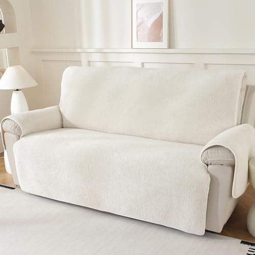 Royhom Dicker Lammfellbezug Sofa Überzug 3 Sitzer, Sofaschoner rutschfest für Leder-Couch, Waschbar, Superweicher Sofabezug, Weiß Couch Überzug für Kinder und Haustiere (Weiß, 3 Sitzer)