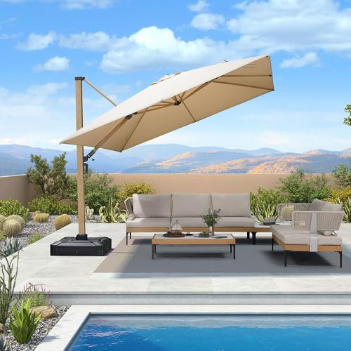 PURPLE LEAF Sonnenschirm Groß 300 x 300 cm Ampelschirm mit Kurbel 360° Drehbar und Neigbar Sonnenschirme Holzoptik Gartenschirm UV 50+ Schutz Wasserabweisend Quadratisch, Beige