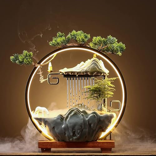 SYLUOQP Fontane d'Acqua da Tavolo - Cascata Interna con a LED a Nebbia - fontane Giapponesi per la Meditazione - Include incenso di riflusso e Piante finte