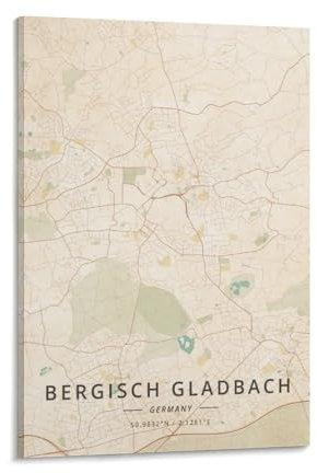 LZTEN Bergisch Gladbach Deutschlandkarten-Poster, Vintage-Druck, Leinwand-Poster, Wandkunst, Schlafzimmer, Dekoration, Büro, Küche, Dekoration, Geschenkrahmen, 40 x 60 cm