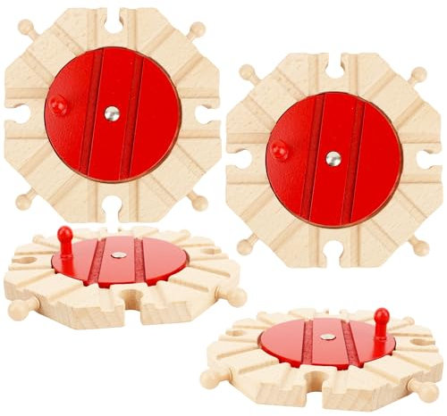 4 Pack Wooden Track Rotating Turntables Hardwood Switching Track Wood Train Track Expansion PacksCompatible with Major Brand Railway