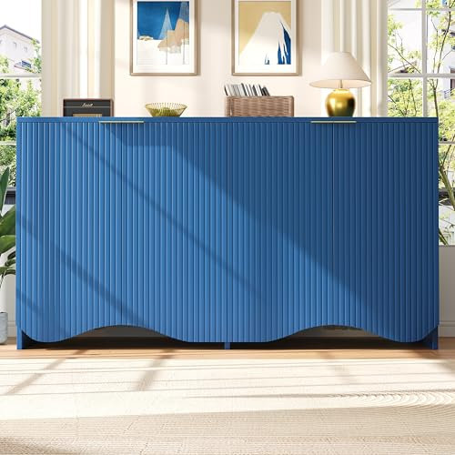 A ALFRESCOOL Sideboard(140×40×85cm), buffetschrank, cabinets, Esszimmer Wohnzimmer Aufbewahrungsschränke, Gemusterte Schränke, Freistehende Schränke, Küchenmöbel,Wellenmuster-Design, Blau
