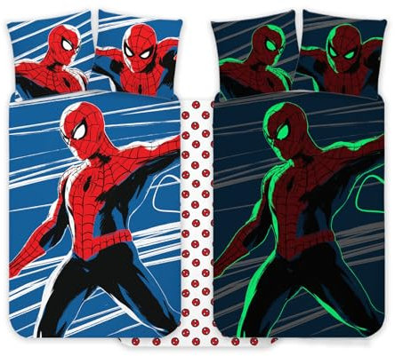 Spiderman Parure de lit 100 x 135 cm + taie d'oreiller 40 x 60 cm, 100 % coton | Parure de lit phosphorescente pour bébé, parfaite pour les enfants | Spiderman douce et réversible pour bébé garçon