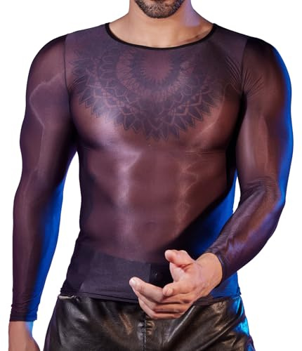 AIEOE Men's Mesh Top Long Sleeve Undershirt Sexy Sheer Underwear T-Shirt Transparent Workout Tee See Through Clubwear