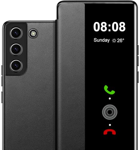 Flip Case for Samsung Galaxy S21 Case S View, Clear S View Flip Folio PU Leather Hard PC for Samsung S21 Case, Luxury Anti-Scratch Flip Phone Case for Samsung Galaxy S21 5G 6.2 (Black)