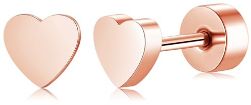 Hypoallergenic Stud Earrings for Women Girls Men, Titanium Earring Flat Back Earrings for Helix Cartilage Sleeper, Heart Piercing Studs Silver/Gold/Rose Gold