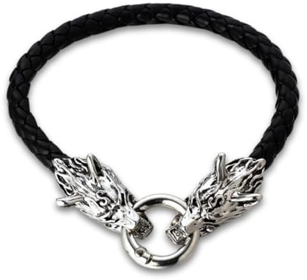 Halukakah Wikinger Armband für Teenager – Sicherer Titan-Thorshammer mit Wölfen & 19cm Geflochtenes Schwarzes Leder – Hypoallergenes Nordisches Geschenk –Antikes Silber-Finish –Dunkler Fantasy Schmuck