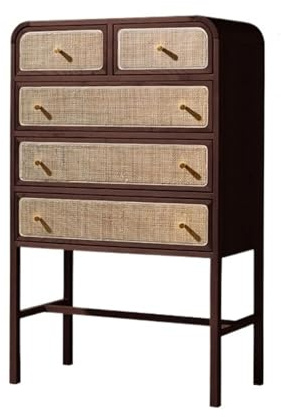 Kommode japanische Kommode in Rattan mit goldenen Griffen, hohe Eingangsschrank Wohnzimmer, Schließfächer Holz, neben Tisch für Schrank, Wohnzimmer und Eingang Schlafzimmer(Walnut colour)