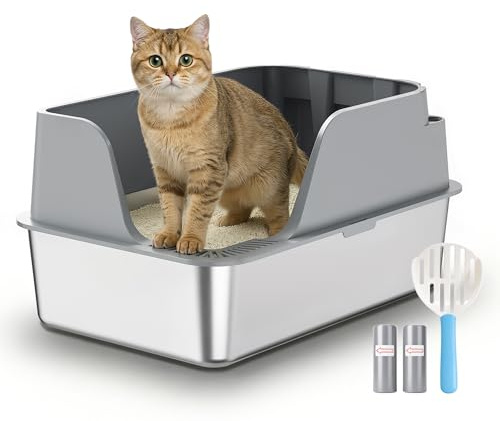 JUMMICO Katzenklo Edelstahl, XXL Katzentoilette aus Edelstahl, Katzenklo mit Schaufel und Matte, erhöhtem Rand, offen, leicht zu reinigen