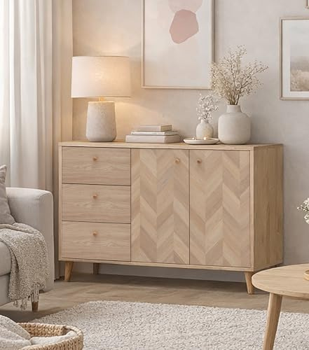 Schildmeyer Visby Sideboard 160936 Eiche hell Dekor/Fischgräten Dekor, 109 x 33 x 73,9 cm