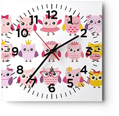 Modern Wanduhr Eule süß spaß Dekoration 40x40cm Quadrat Groß Wand Uhr Glas Analog Zimmeruhren Küche Büro Wohnzimmer Glasuhr Wall Clock Dekoration Design Wanddekoration Küchenuhr C4AC40x40-2845