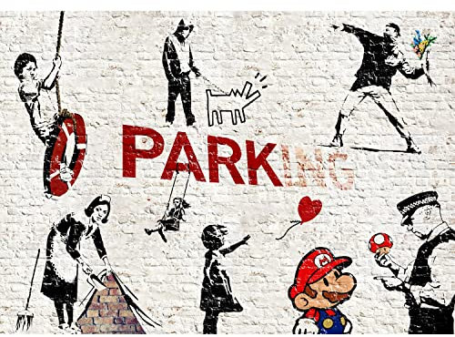 Runa Art Fototapete Banksy Collage 352 x 250 cm Vlies Tapeten XXL Moderne Wandtapete Wohnzimmer Schlafzimmer Schwarz Weiss Rot 9389011a