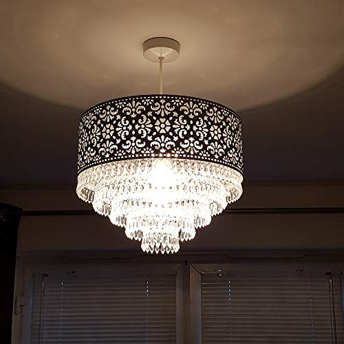 K LIVING Easy Fit Chrome Cutout Pendant Shade with Acrylic Clear Beaded Five Tier Droplets Giving a Chandelier Style Effect Emily