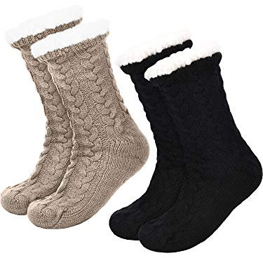 Boao 2 paia di calzini da donna caldi per calze natalizie fuzzy calzini foderati in pile antiscivolo (nero e caffè), Nero e caffè, Medium/Large