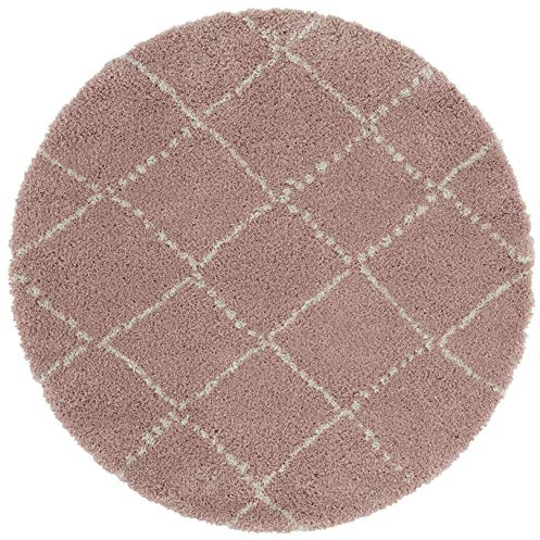 Mint Rugs Hash Teppich Rund Hochflor Wohnzimmer-Teppich Weich Flauschig Langflor Shaggy Flokati Rauten Muster für Wohnzimmer Küche Flur oder Schlafzimmer Rosa-Creme ø 120 cm